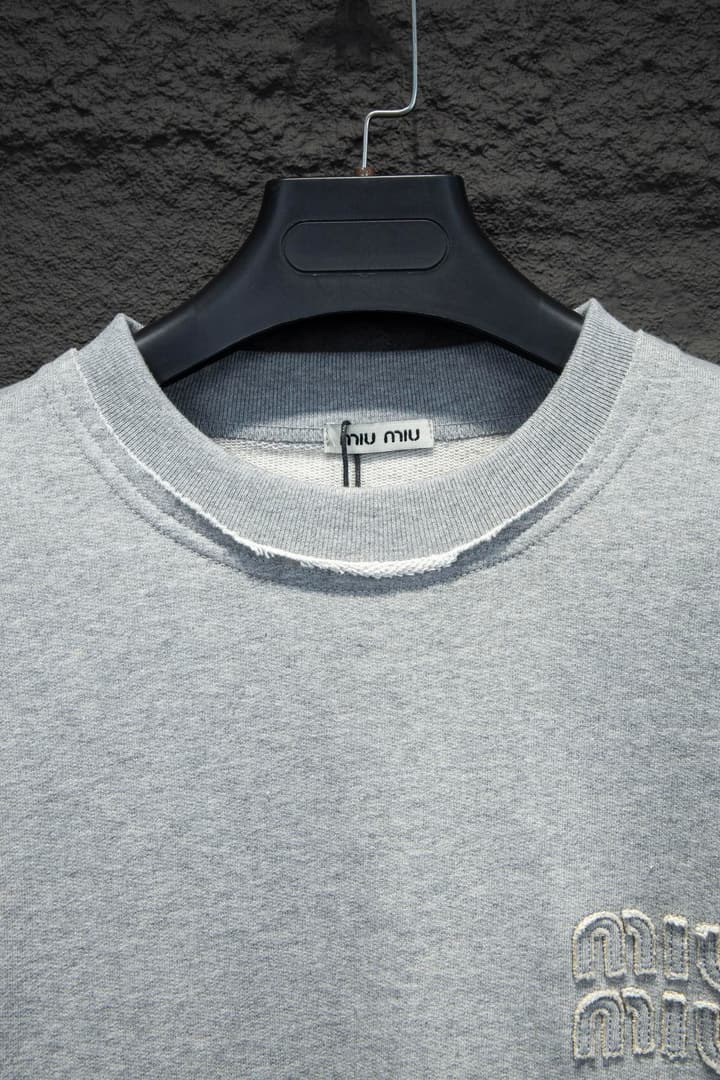 Miu Miu Embroidered Oversize Cotton Sweatshirt in Heather Grey