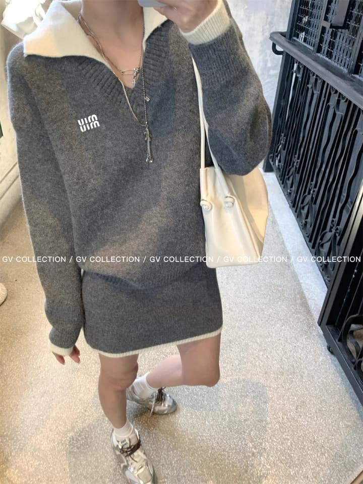 Miu Miu Contrast Collar Knit Set in Grey Knit With Off-white Trim