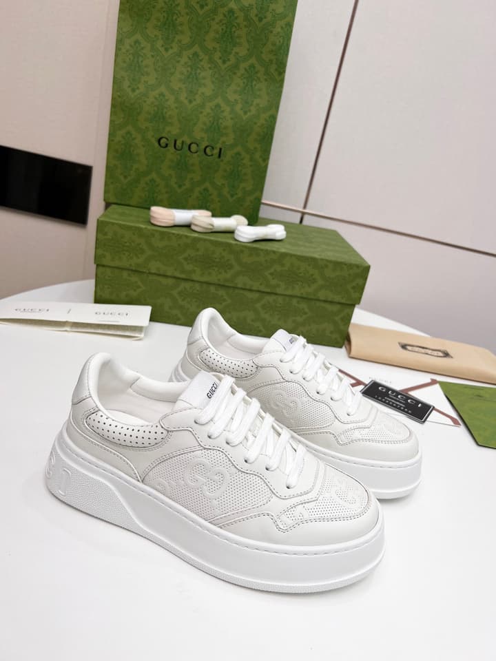 Gucci Chunky Lightweight Platform Sneakers in White Embossed Leather Sneaker