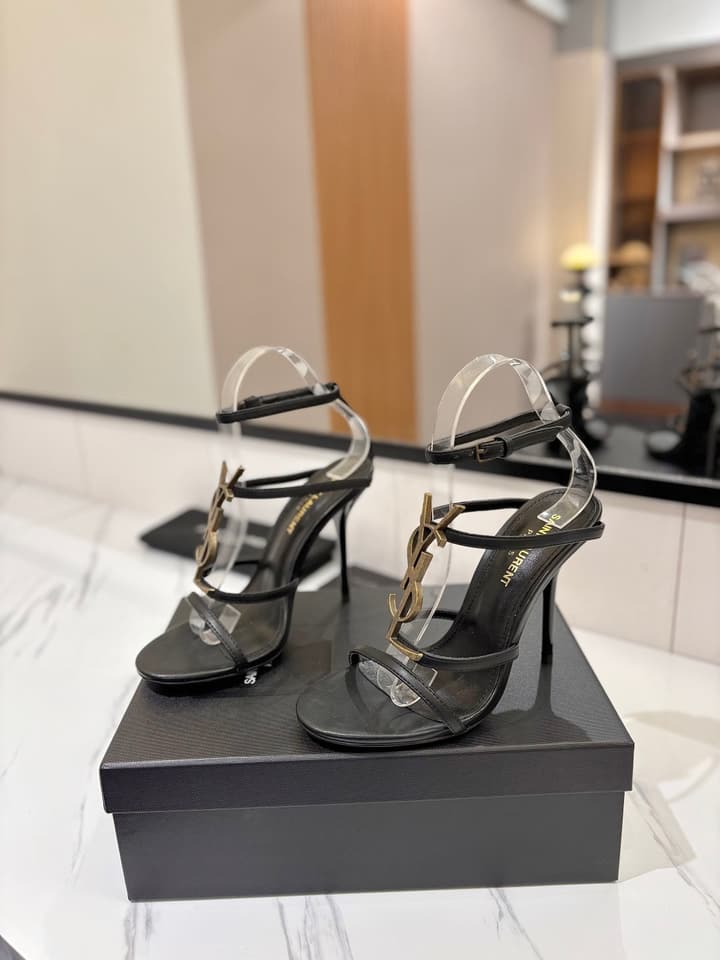 Saint Laurent YSL Logo Mirror Leather Heeled Sandals in Black With Black Logo