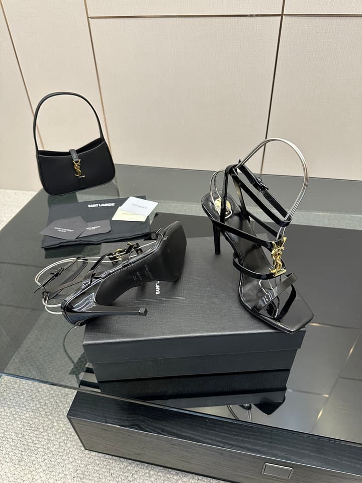 Saint Laurent Patent Leather Heeled Sandals in Bright Amber