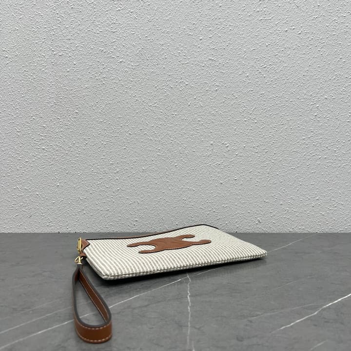 Celine Striped Woven Clutch Bag in Striped Canvas With Brown Logo
