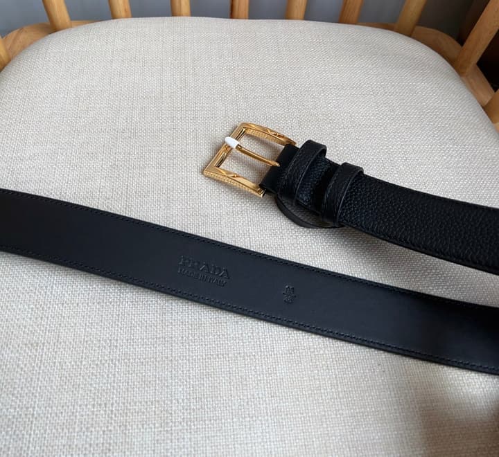 Prada Leather Belt with Triangle Logo in Black Leather Gold Buckle