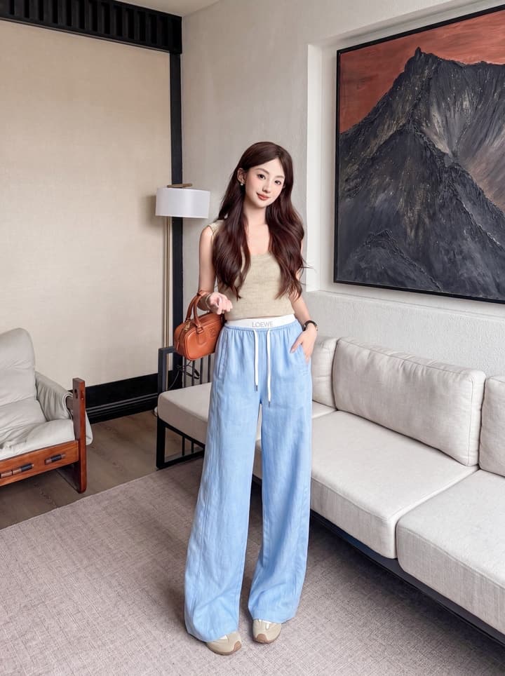 Loewe Embroidered Linen Casual Pants in Sky Blue
