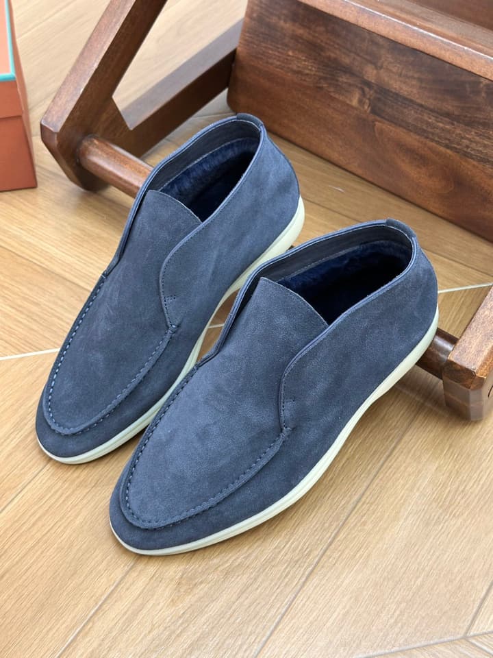 Loro Piana Men's Luxury Fur Boots in Navy Suede