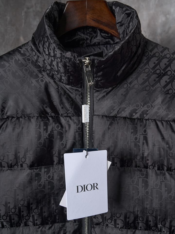 Dior Full Print Jacquard Stand Collar Puffer Jacket in Dark Gray Puffer Jacket
