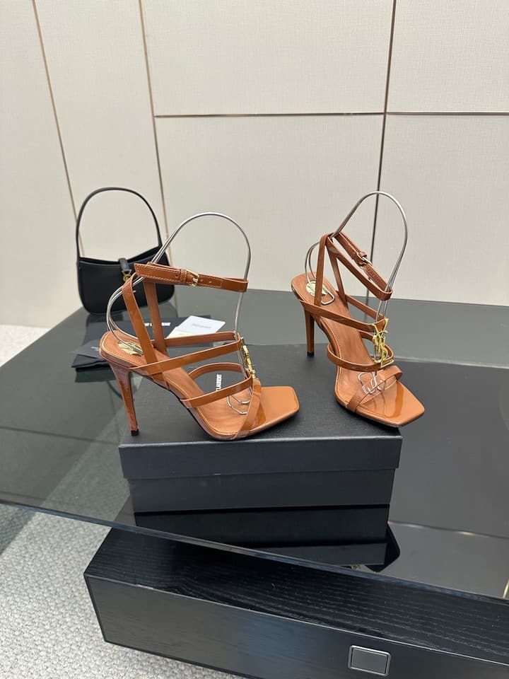 Saint Laurent Patent Leather Heeled Sandals in Bright Amber