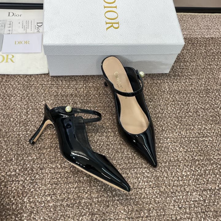 Dior J'Adior Jolie Pearl Pointed-Toe Mules – 2024 Spring/Summer Collection in Black Patent