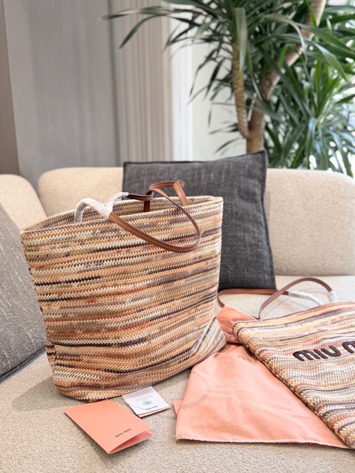 Miu Miu Knit Woven Tote Bag – Vacation Collection in Milk Tea Multi-Color Knit