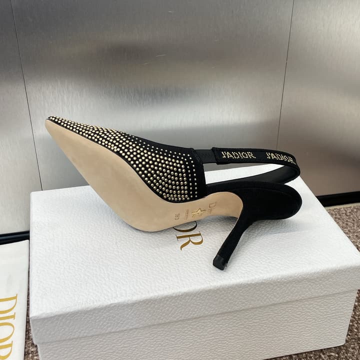 Dior J'Adior Rivet Heeled Sandals – 2024SS in Black Glitter Toe Slingback
