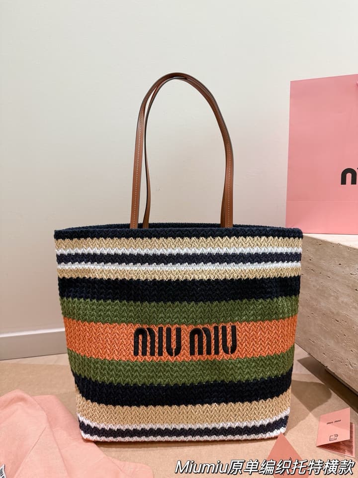 Miu Miu Striped Canvas Tote Bag Collection in Orange And Green Striped Horizontal Tote