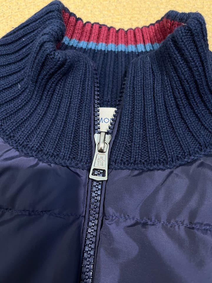 Moncler Knitted Patchwork Stand-Collar Jacket in Dark Brown