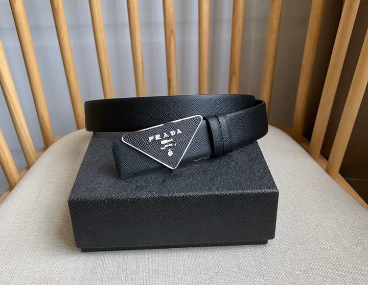 Prada Triangle Logo Buckle Belt in Black Textured Leather With Black Buckle
