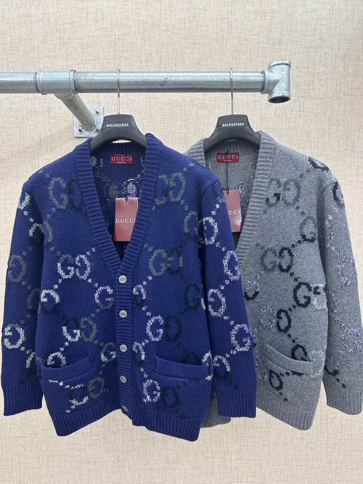 Gucci Double G Monogram Knit Cardigan in Deep Blue Gg Pattern Cardigan