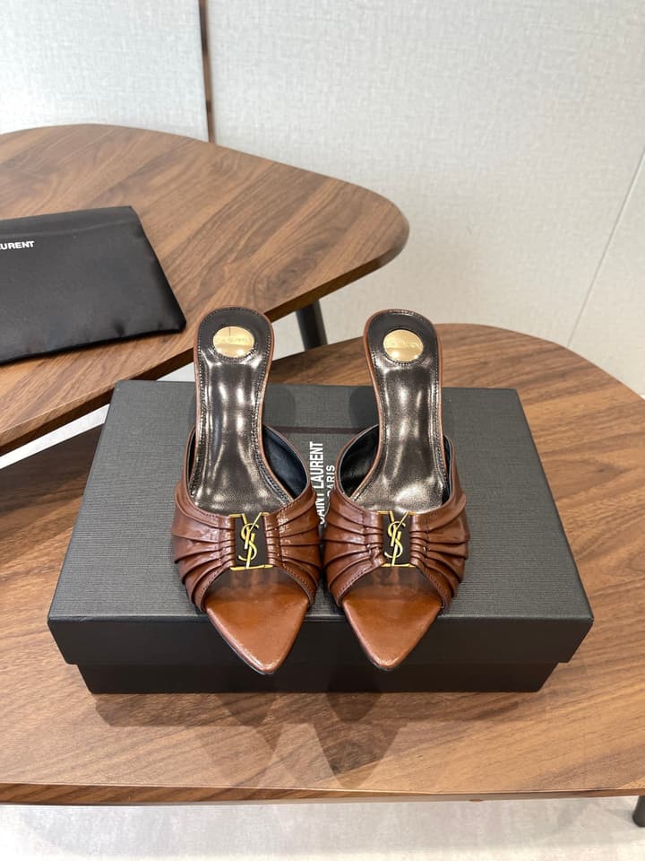Saint Laurent Pointed Toe Stiletto Heeled Sandals – 26SS in Black - Gold Logo Plaque