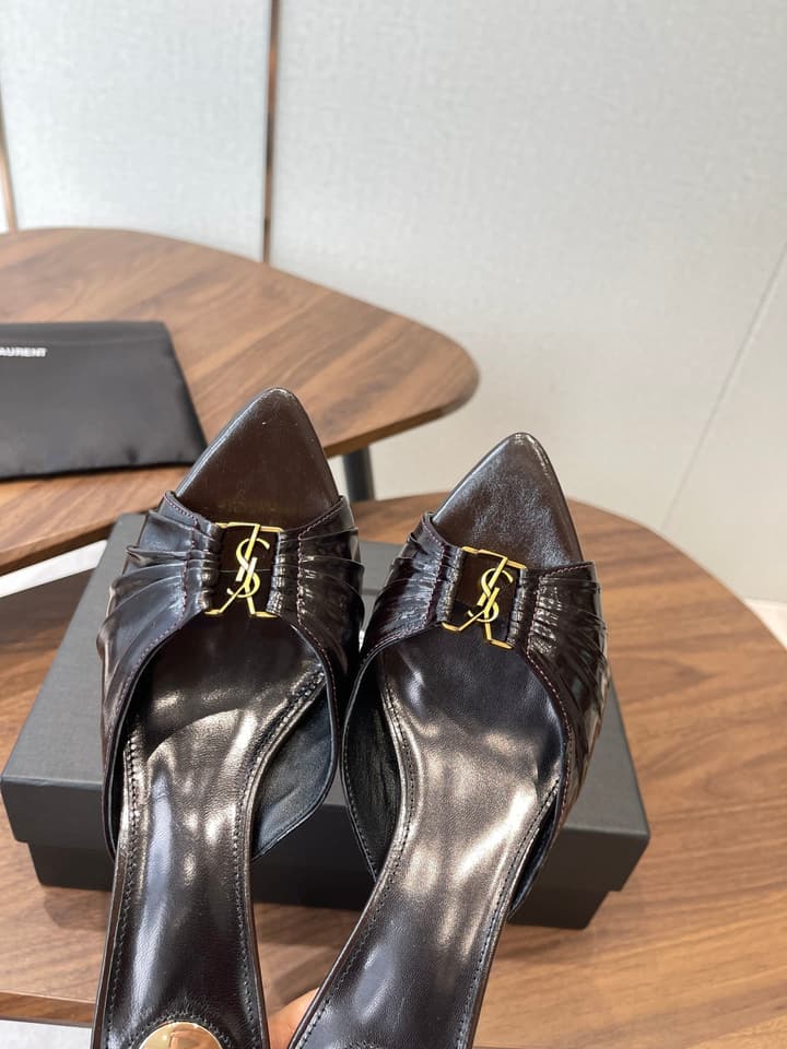 Saint Laurent Pointed Toe Stiletto Heeled Sandals – 26SS in Black - Gold Logo Plaque