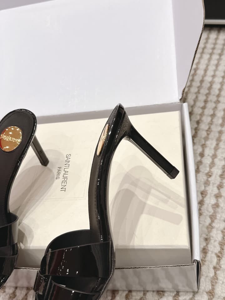 Saint Laurent Melody Square-Toe Heeled Sandals – 2026 Spring/Summer Collection in Beige Patent