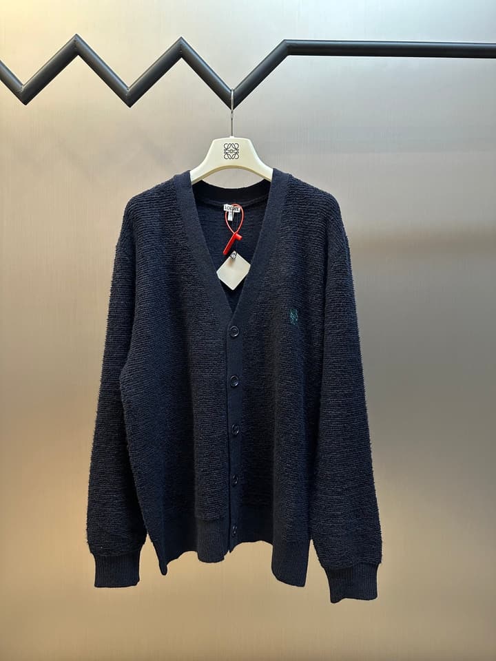 Loewe Anagram Embroidered Wool Cardigan in Dark Navy Anagram Cardigan
