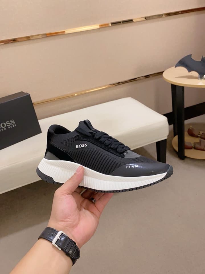 Boss Latest Casual Fly-Knit Sneakers in Black With Gold Accents