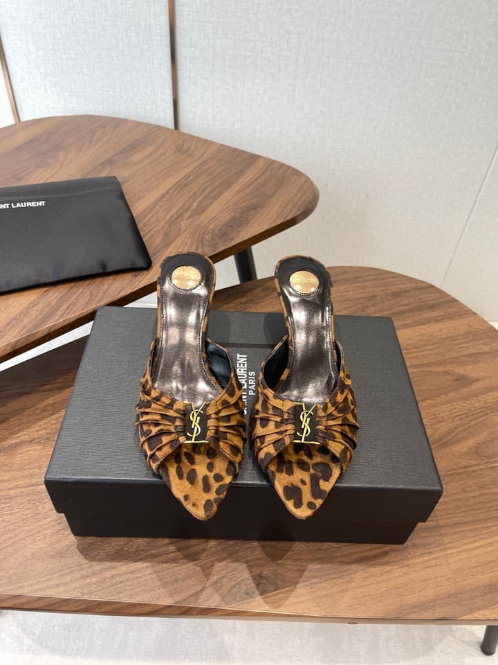 Saint Laurent Pointed Toe Stiletto Heeled Sandals – 26SS in Black - Gold Logo Plaque