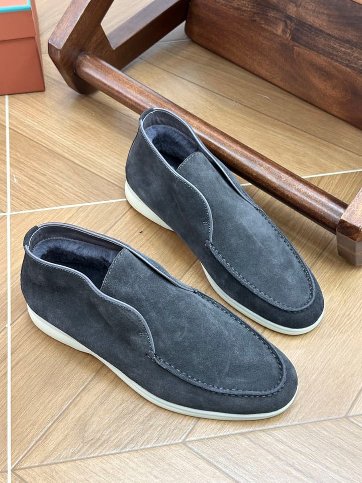 Loro Piana Men's Luxury Fur Boots in Navy Suede