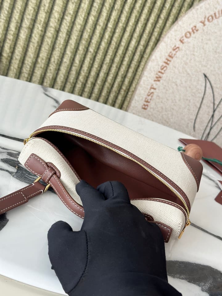 Loro Piana L19 Canvas Crossbody Bag – Spring/Summer Resort Collection in Beige Canvas With Burgundy Trim