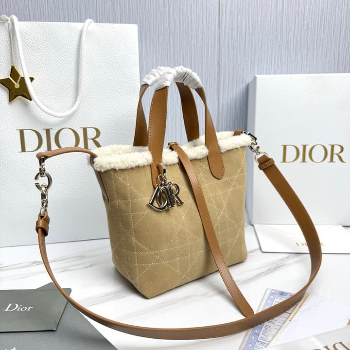 Dior Small Toujours Vertical Shearling Handbag in Tan Furry Tote