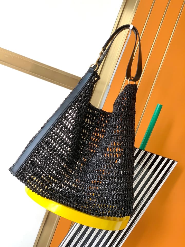 Saint Laurent OXALIS Raffia Crochet Shoulder Bag in Black