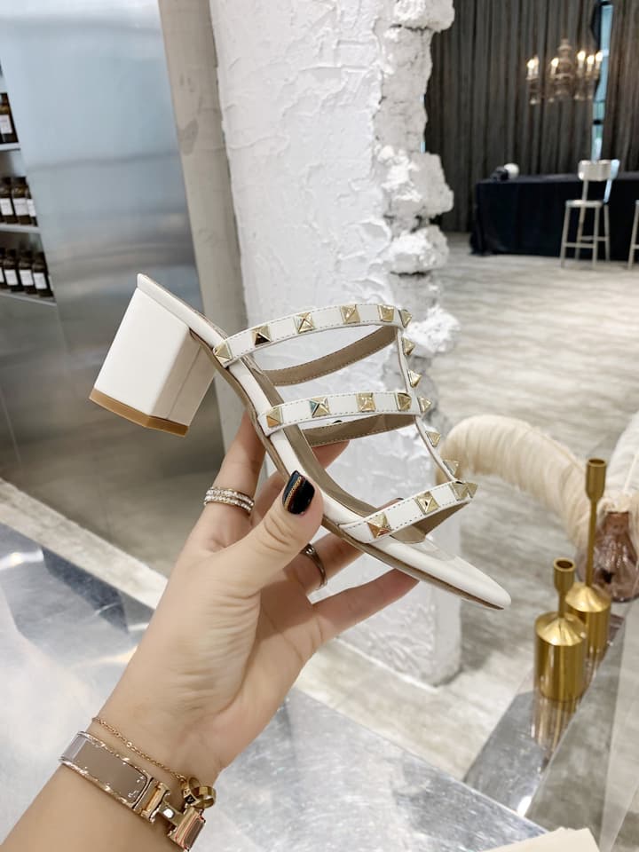 Valentino Rockstud Classic Block Heel Sandals in Nude With Gold Studs