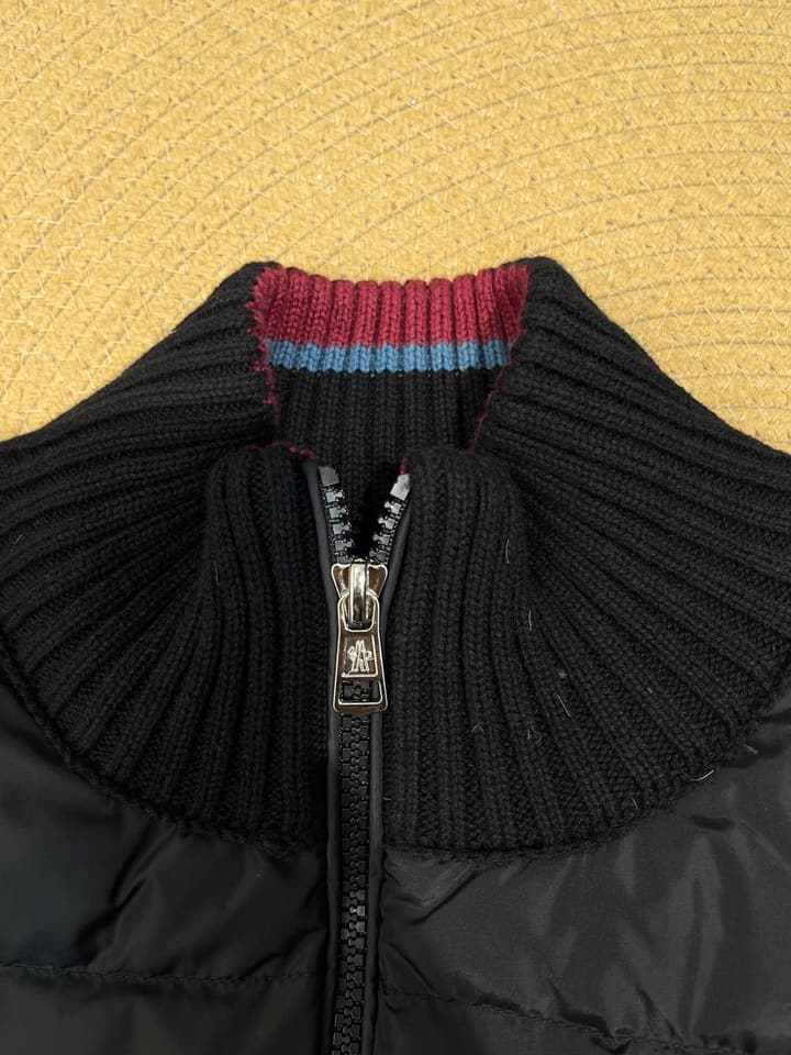 Moncler Knitted Patchwork Stand-Collar Jacket in Dark Brown