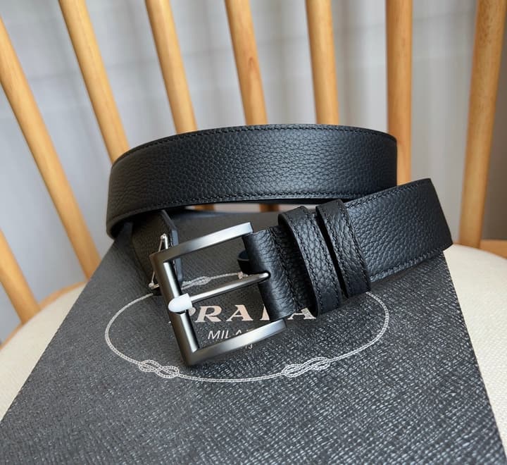 Prada Leather Belt with Triangle Logo in Black Leather Gold Buckle