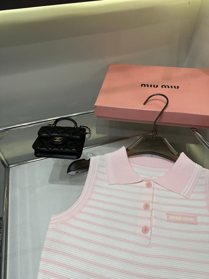 Miu Miu Striped Polo Collar Knit Vest in Pink