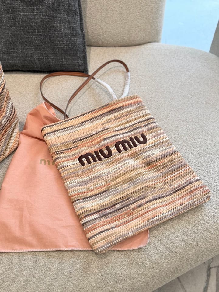 Miu Miu Knit Woven Tote Bag – Vacation Collection in Milk Tea Multi-Color Knit