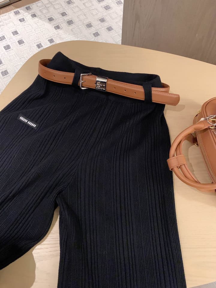 Miu Miu Casual Knit Pants with Khaki Belt – 25FW in Apricot