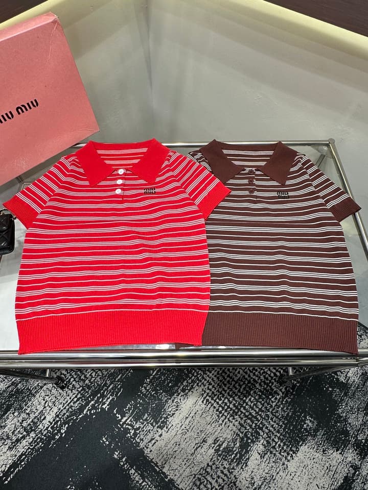 Miu Miu Embroidered Striped Knit Polo Shirt in Brown