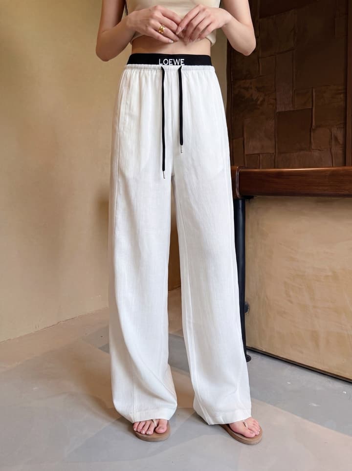 Loewe Embroidered Linen Casual Pants in Sky Blue