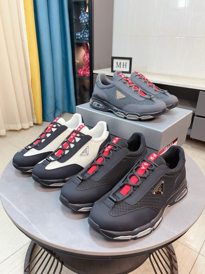 Prada Men's Air Cushion Sneakers in Cream And Black Panel