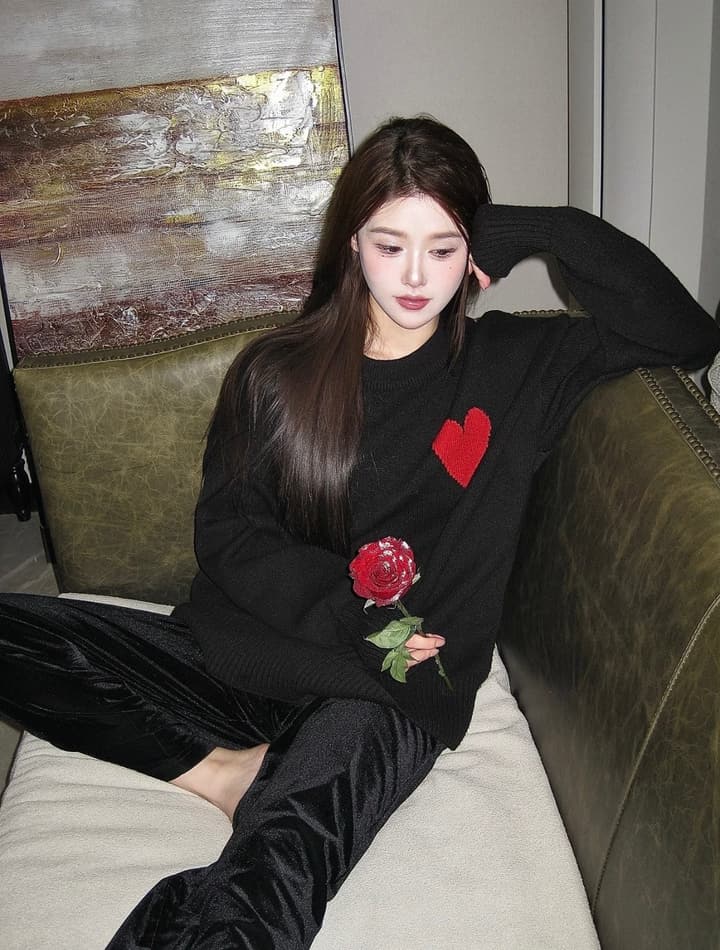 AMI Paris Heart Letter Knitted Sweater in Black With Red Heart