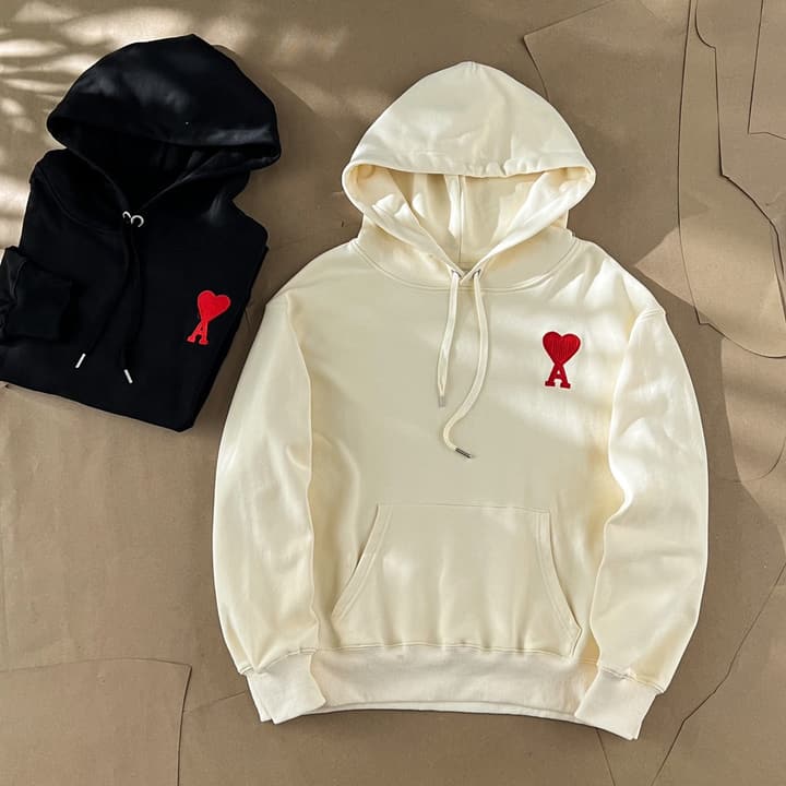 Ami Paris Ami De Coeur Heart Embroidery Hoodie in Beige