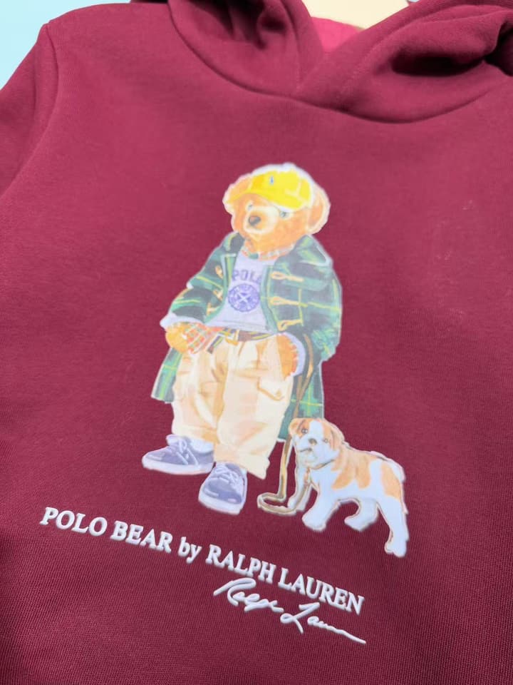 Ralph Lauren Inspired Kids Hooded Sweatshirt – 2025FW – Kids Collection in Burgundy Bear Graphic