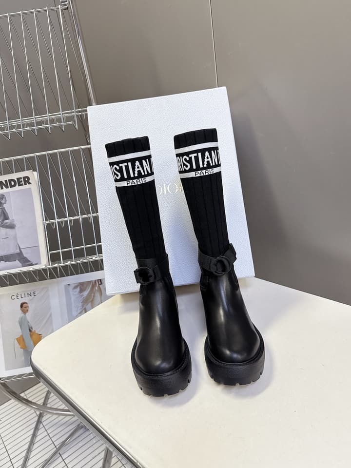 Dior Autumn/Winter Knight Knee-High Boots in Black Knit Sock Boot