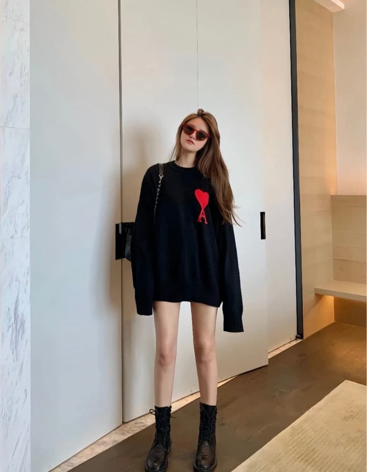 AMI Paris Heart Letter Knitted Sweater in Black With Red Heart