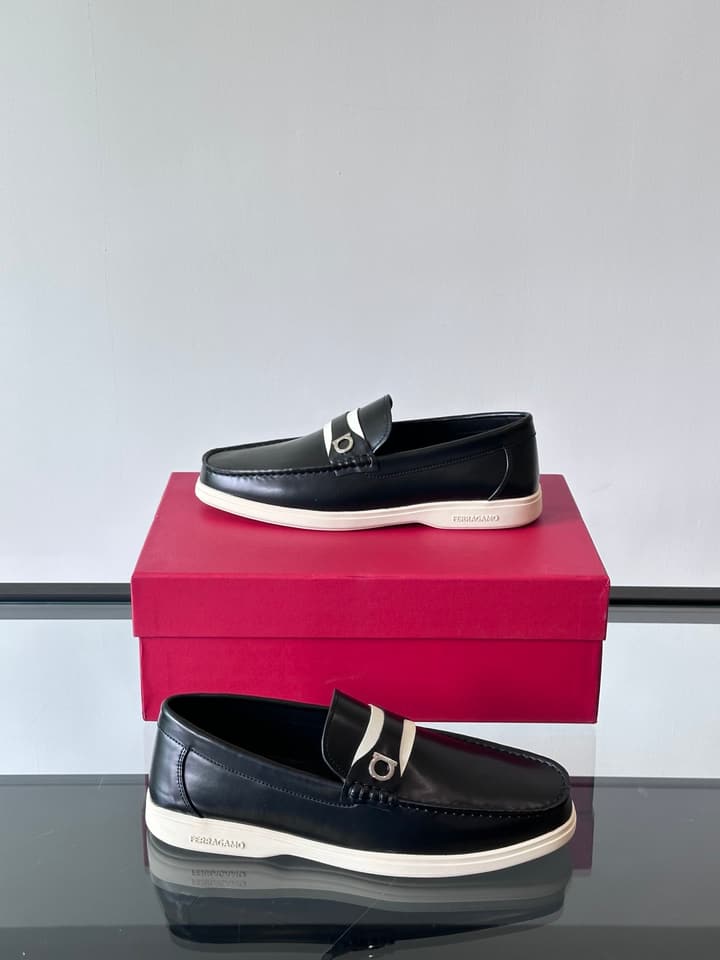 Ferragamo Men's Imported Calfskin Driving Shoes in Classic Black Leather