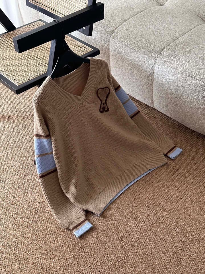 AMI Paris Warm Khaki V-Neck Sweater in Warm Khaki With Blue Color Block Sleeves