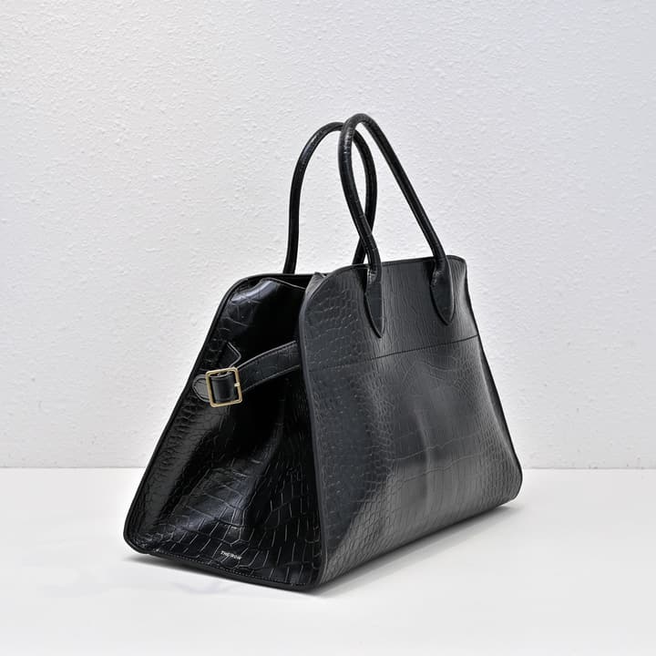 The Row Margaux Crocodile Embossed Tote in Black Crocodile Embossed