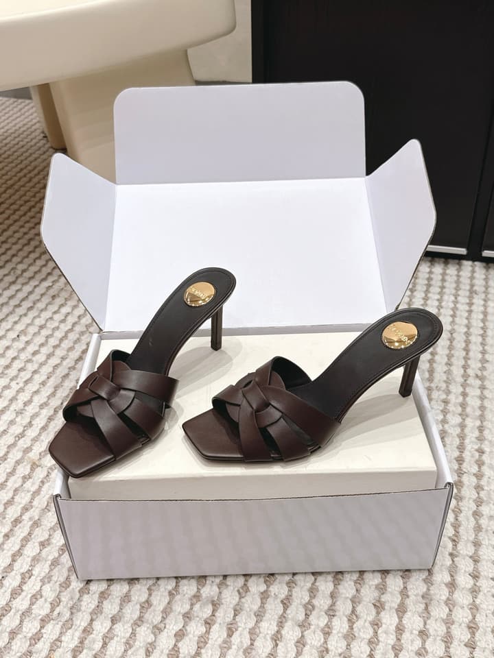 Saint Laurent Melody Square-Toe Heeled Sandals – 2026 Spring/Summer Collection in Beige Patent