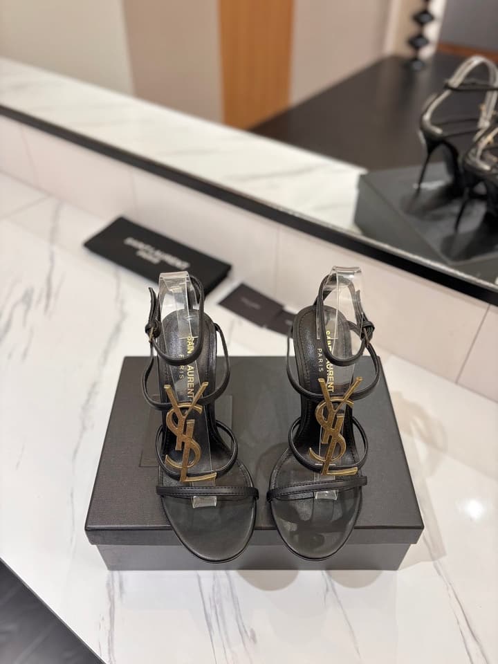 Saint Laurent YSL Logo Mirror Leather Heeled Sandals in Black With Black Logo