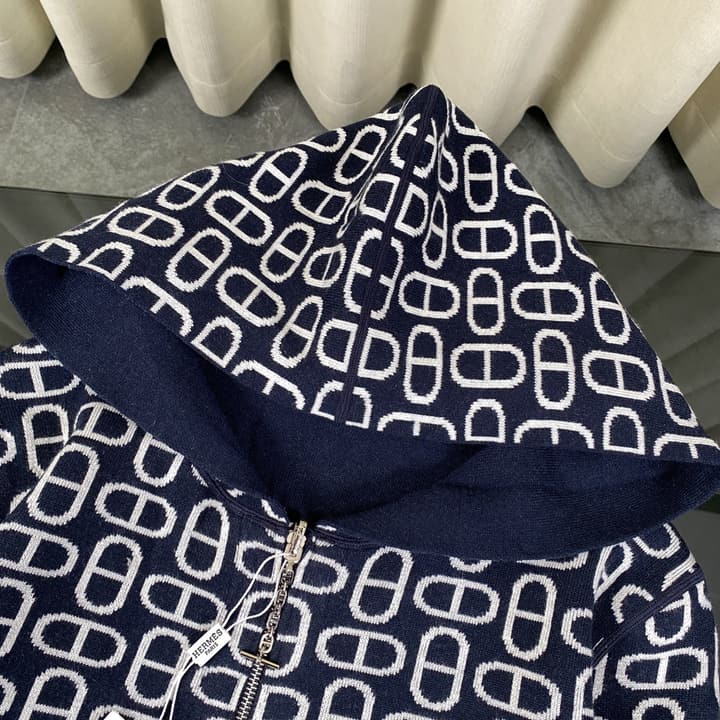 Hermès Classic Jacquard Cashmere Hooded Cardigan in Dark Jacquard Pattern