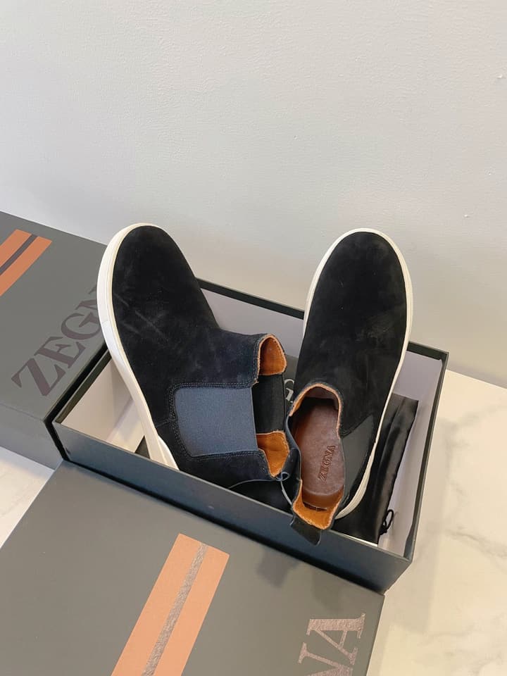 Zegna COUTURE Triple Stitch Leather Sneakers in Black Suede With Dark Sole
