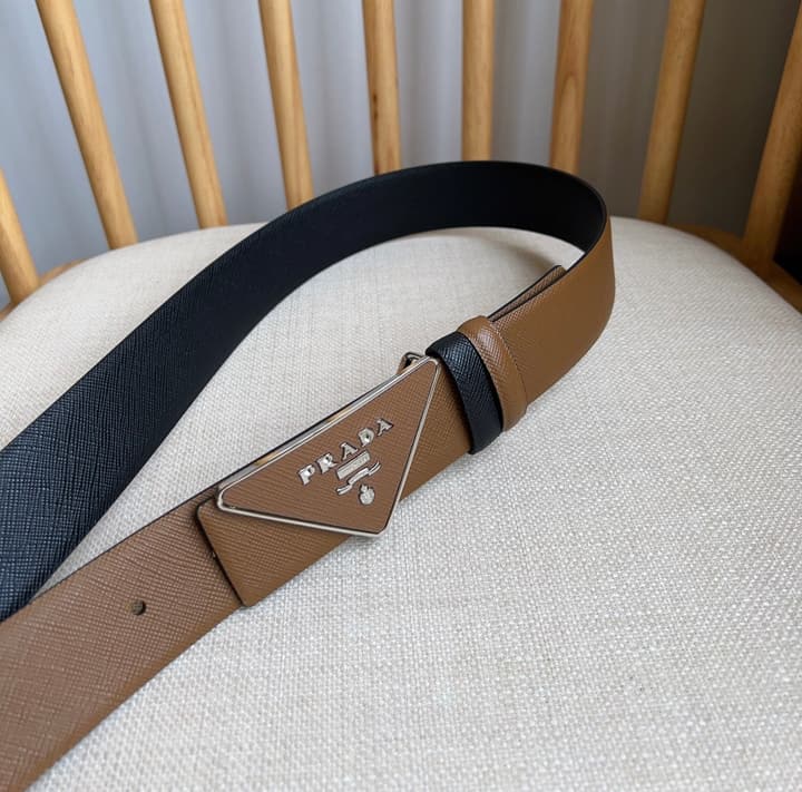 Prada Triangle Logo Buckle Belt in Classic Camel Leather